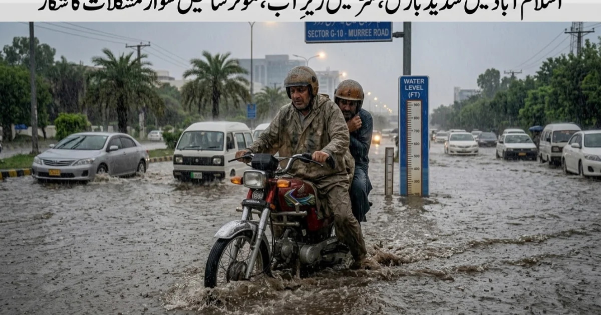 اسلام آباد میں شدید بارش، سڑکیں زیرِ آب، موٹر سائیکل سوار مشکلات کا شکار