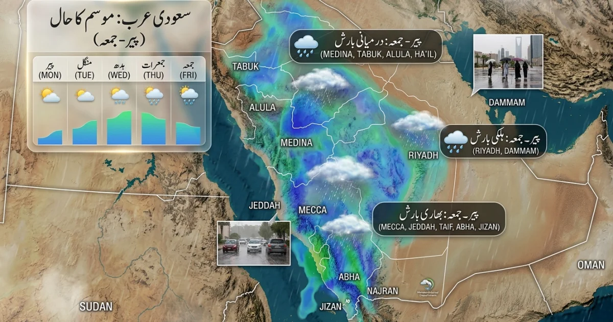 سعودی عرب: کون سے علاقے پیر سے جمعے تک بارش کی زد میں رہیں گے؟